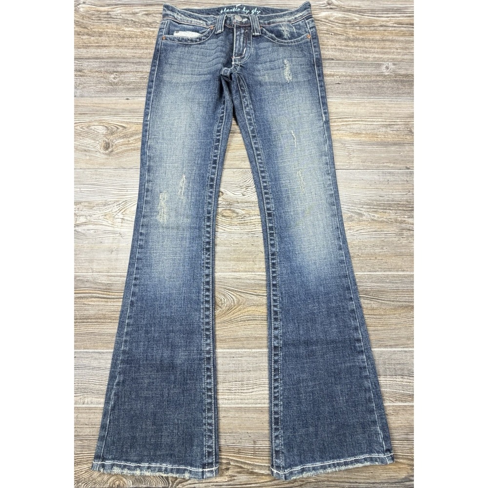 PLASTIC BY GLY Flared Jean 3 (28x33) Flared Bells Low Rise Distressed Blue Denim